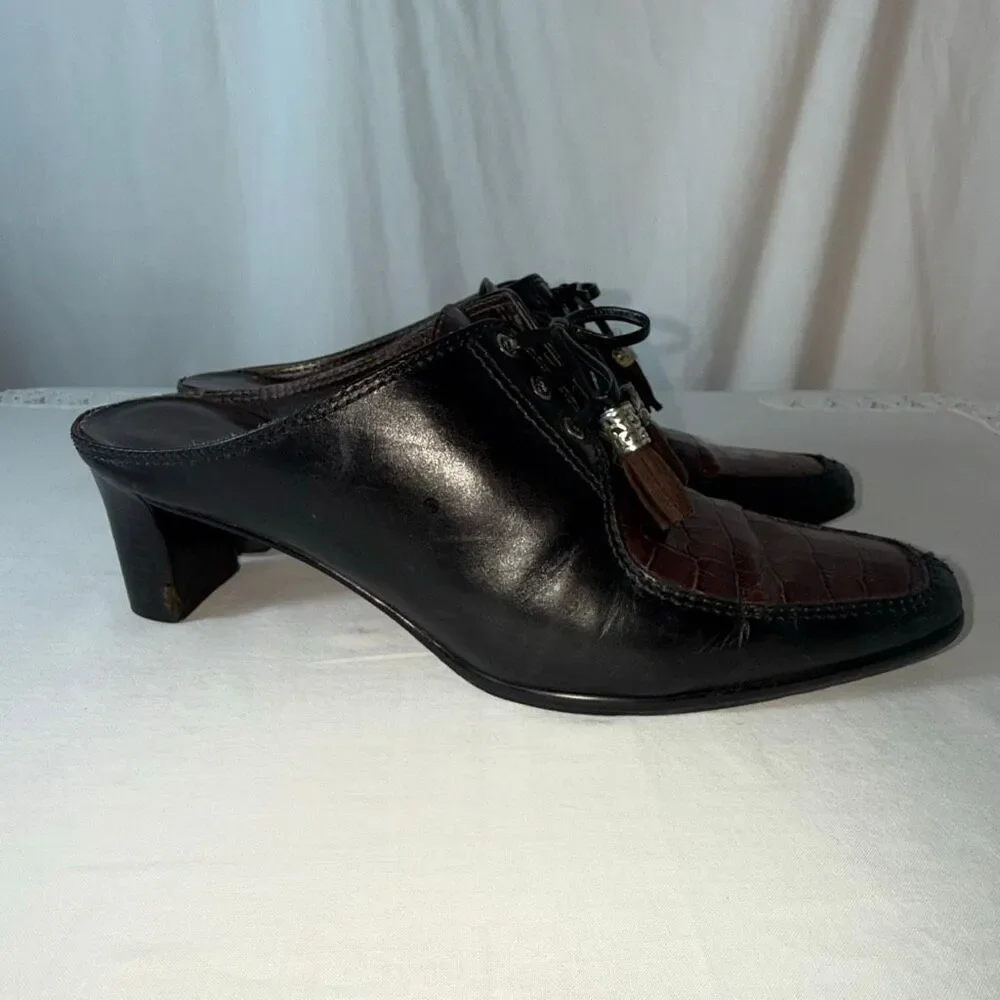 Vintage Brighton Tassle Mules‎ 8.5M Croc Embossed Black Brown Leather Heels Boho